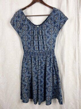 Mata Traders blue medallion print cotton fit & flare dress scoop neck boho XXL